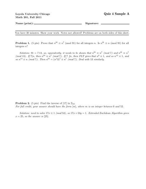 Some solutions to Quiz 4 Sample A - Loyola University Chicago