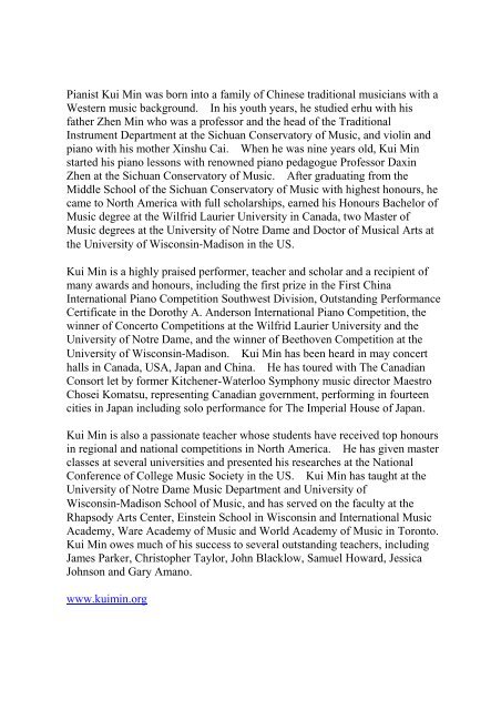 Pianist Kui Min was born into a family of Chinese traditional ...