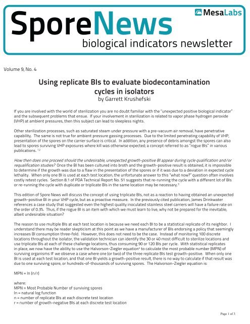 Using replicate BIs to evaluate biodecontamination ... - Mesa Labs
