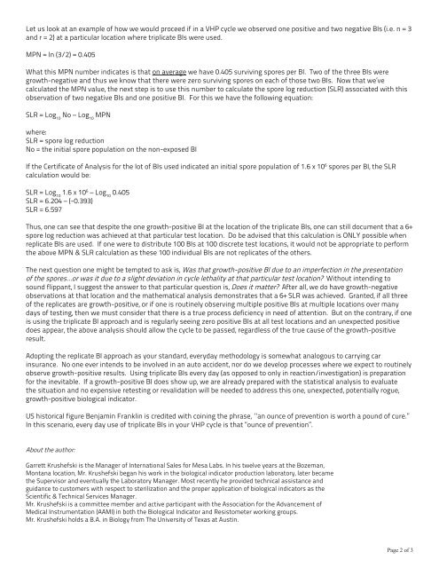 Using replicate BIs to evaluate biodecontamination ... - Mesa Labs