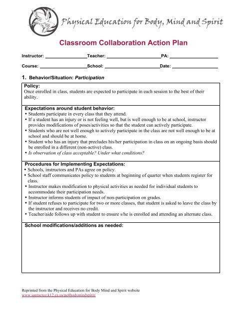 Classroom Collaboration Action Plan - Physical Education for Body ...