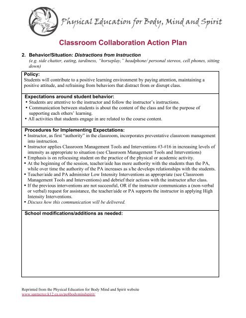 Classroom Collaboration Action Plan - Physical Education for Body ...