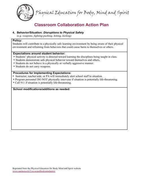 Classroom Collaboration Action Plan - Physical Education for Body ...