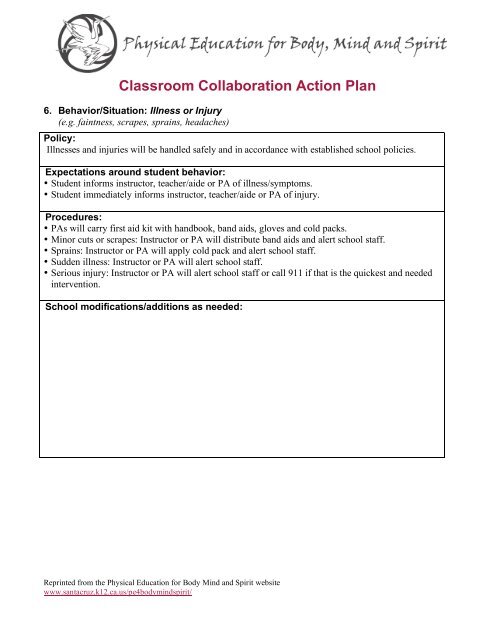 Classroom Collaboration Action Plan - Physical Education for Body ...