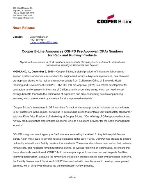 Cooper B-Line Announces OSHPD Pre ... - Cooper Industries