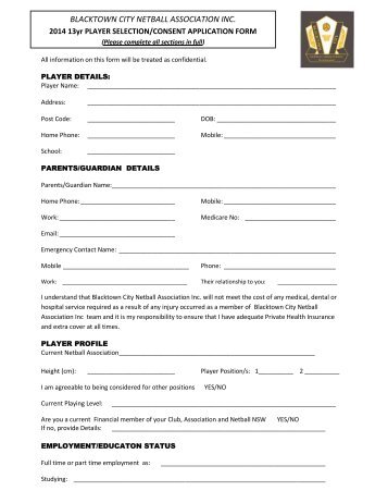 2014 13yr Rep Player Applic Form - Blacktown City Netball ...