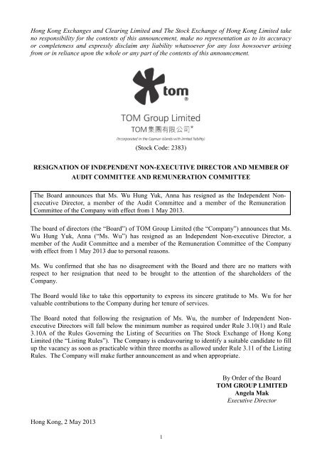 Resignation of Independent Non-executive Director ... - TOM Group