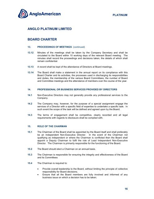 Anglo Platinum Limited Board Charter