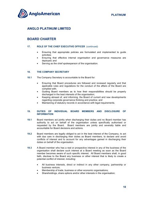 Anglo Platinum Limited Board Charter