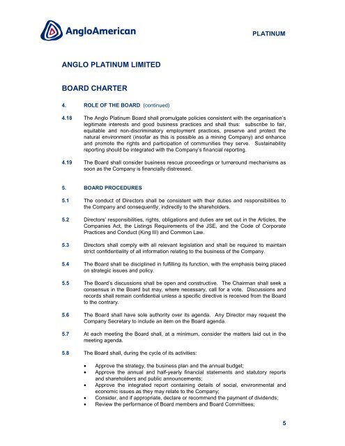 Anglo Platinum Limited Board Charter