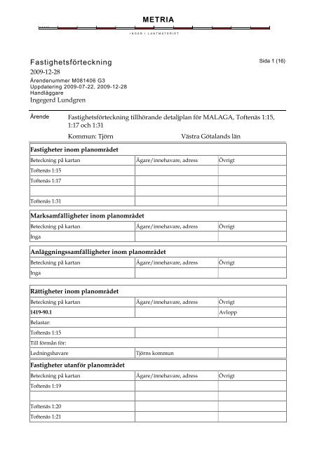 FastighetsfÃ¶rteckning tillhÃ¶rande detaljplan fÃ¶r ... - TjÃ¶rns kommun