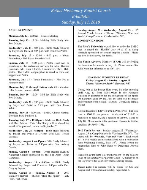 Bethel Missionary Baptist Church E-bulletin Sunday, July 11, 2010