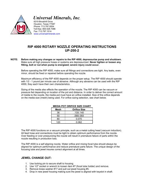 Operating Instructions (PDF) - Universal Minerals, Inc.