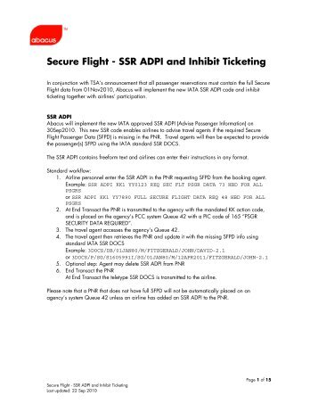 Secure Flight - SSR ADPI and Inhibit Ticketing