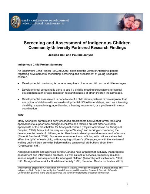 (2008). Screening and assessment of Indigenous children - Early ...