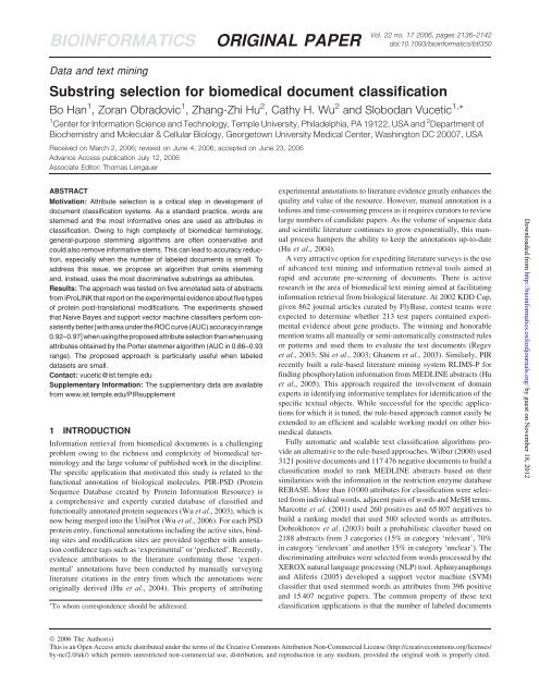 Substring selection for biomedical document classification
