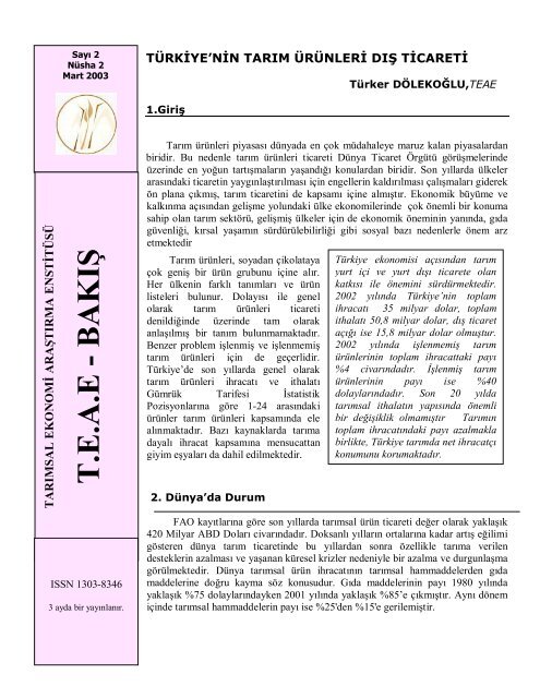 T.E.A.E - BAKIŞ - Tarımsal Ekonomik Araştırma Enstitüsü