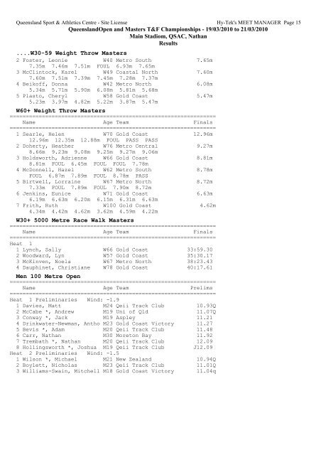QueenslandOpen and Masters T&F Championships - 19/03/2010 to ...