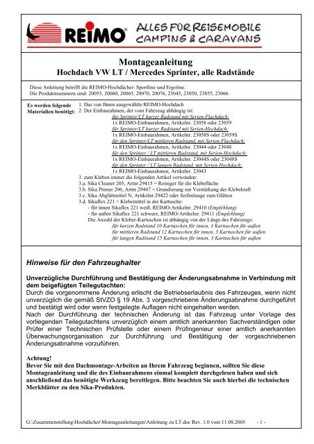 Montageanleitung Hochdach VW LT / Mercedes Sprinter, alle - Reimo