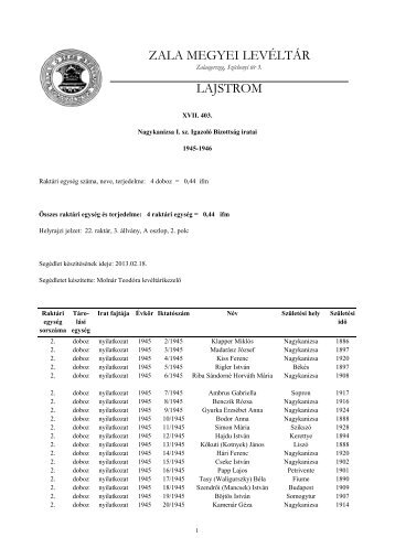 XVII. 403. Nk. I. sz. Ig. Biz. lajstrom - Zala Megyei LevÃ©ltÃ¡r