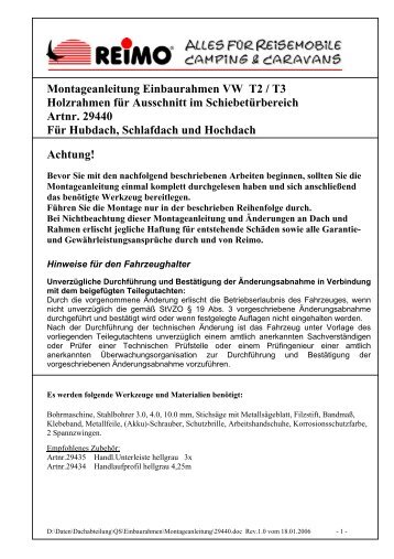 Montageanleitung Einbaurahmen VW T2 / T3 Holzrahmen für - Reimo