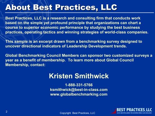 Leadership Development Benchmarking Study - Best Practices, LLC