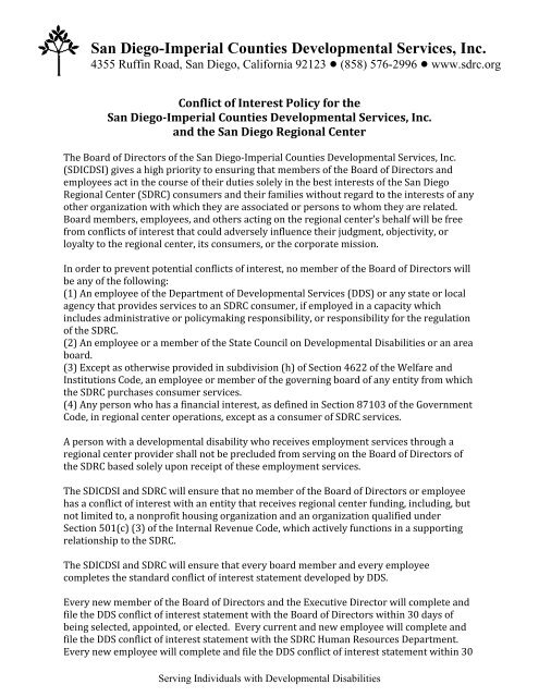 Conflict of Interest Policy - San Diego Regional Center