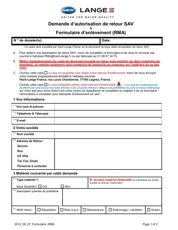 Formulaire d'enlèvement RMA - Hach-lange