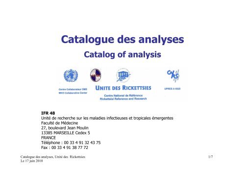 catalogue des analyses CNR rickettsies - Marseille, Maladies ...