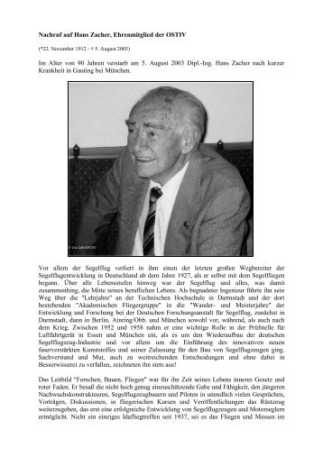 Nachruf auf Hans Zacher, Ehrenmitglied der OSTIV Im Alter von 90 ...
