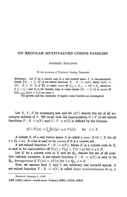 ON REGULAR MULTIVALUED COSINE FAMILIES Let X, Y, Z be ...