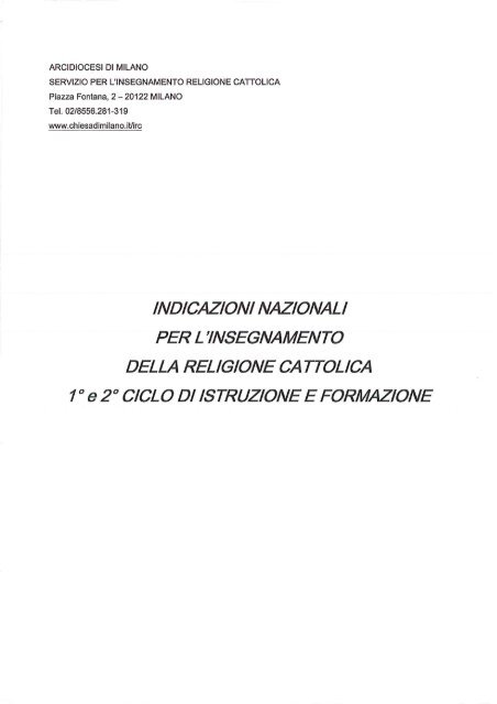 Indicazioni nazionali IRC primo e secondo ciclo - Chiesa di Milano