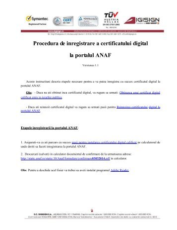 Procedura de inregistrare a certificatului digital la portalul ... - DigiSign