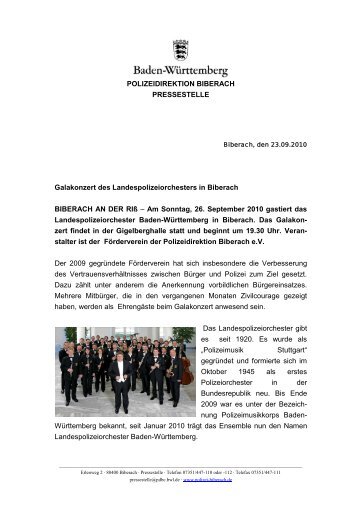 POLIZEIDIREKTION BIBERACH PRESSESTELLE Galakonzert des ...