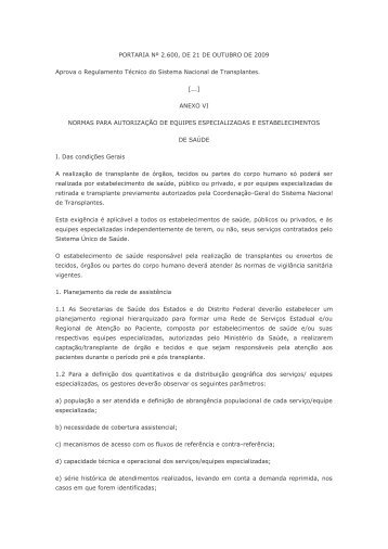PORTARIA NÂº 2.600, DE 21 DE OUTUBRO DE 2009 Aprova o Regulamento ...