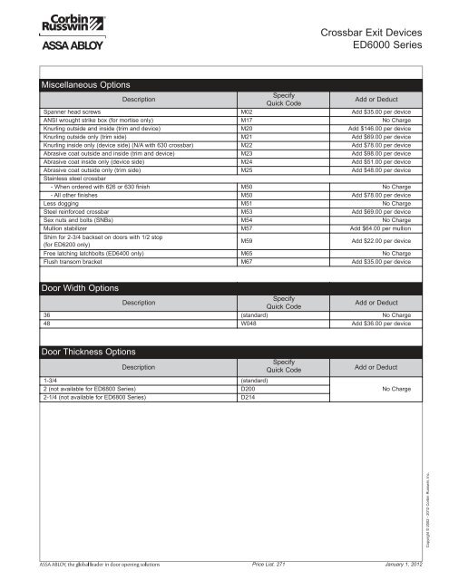 2012 Canadian Price List - Assa Abloy