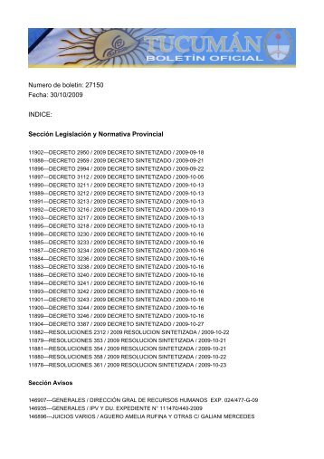Numero de boletin: 27150 Fecha: 30/10/2009 INDICE: SecciÃ³n ...