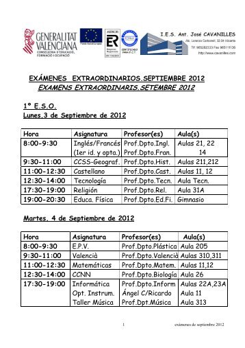 Calendario exÃ¡menes septiembre ESO, Bachillerato y PCPI