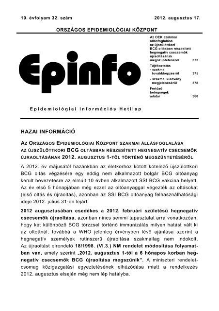 Epinfo - 19. Ã©vf. 32. sz. (2012. augusztus 17.) - EPA