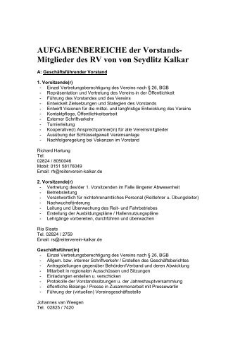 AUFGABENBEREICHE der Vorstands- Mitglieder des ... - RV Kalkar