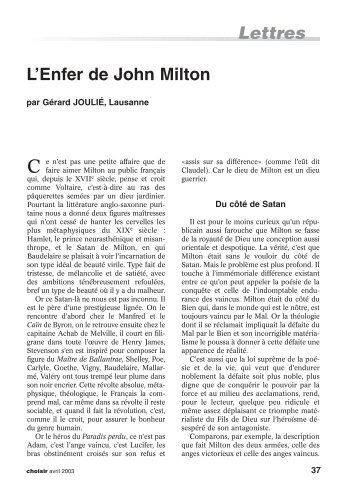 Lettres L'Enfer de John Milton