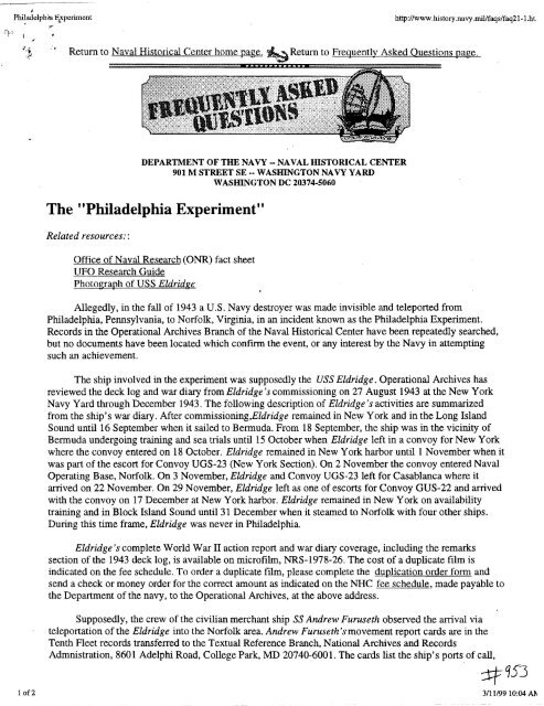 Philadelphia Experiment - United States Department of Defense