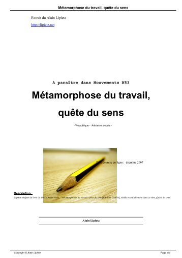 MÃ©tamorphose du travail, quÃªte du sens - Alain Lipietz