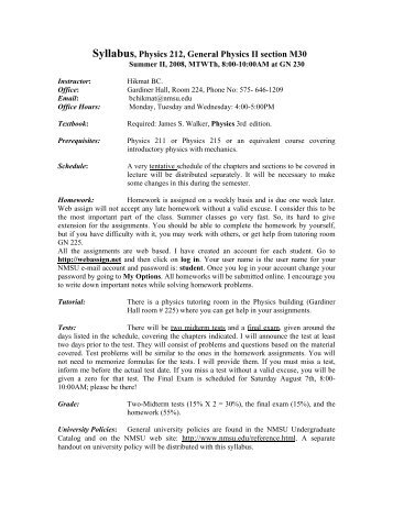 Syllabus, Physics 212, Introductory Physics II - Engineering Physics ...