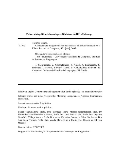 competÃªncia e argumentaÃ§Ã£o nas afasias: um ... - IEL - Unicamp