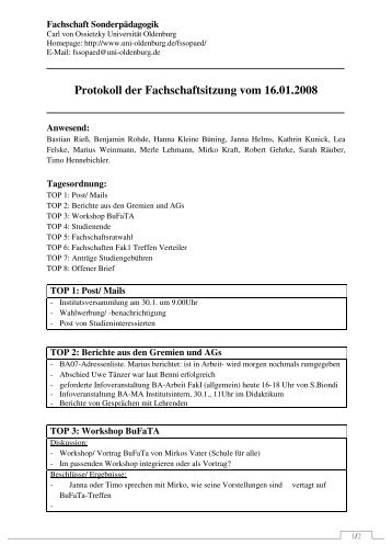 Protokolle der Fachschaft Sonderpadagogik 16.01.08