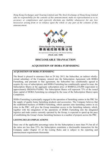 discloseable transaction acquisition of hoba furnishing - HKExnews