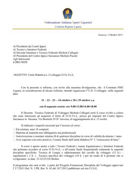 comunicazione OteVoL - FISE Liguria