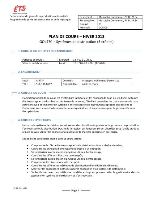 PLAN DE COURS – HIVER 2013 - Cours par sigle