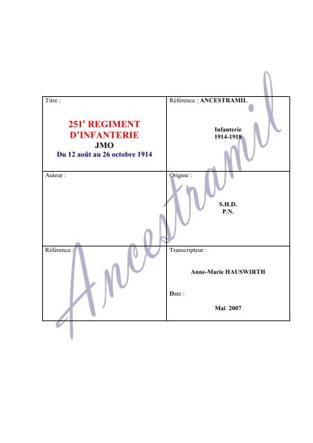 251 REGIMENT D'INFANTERIE - Ancestramil